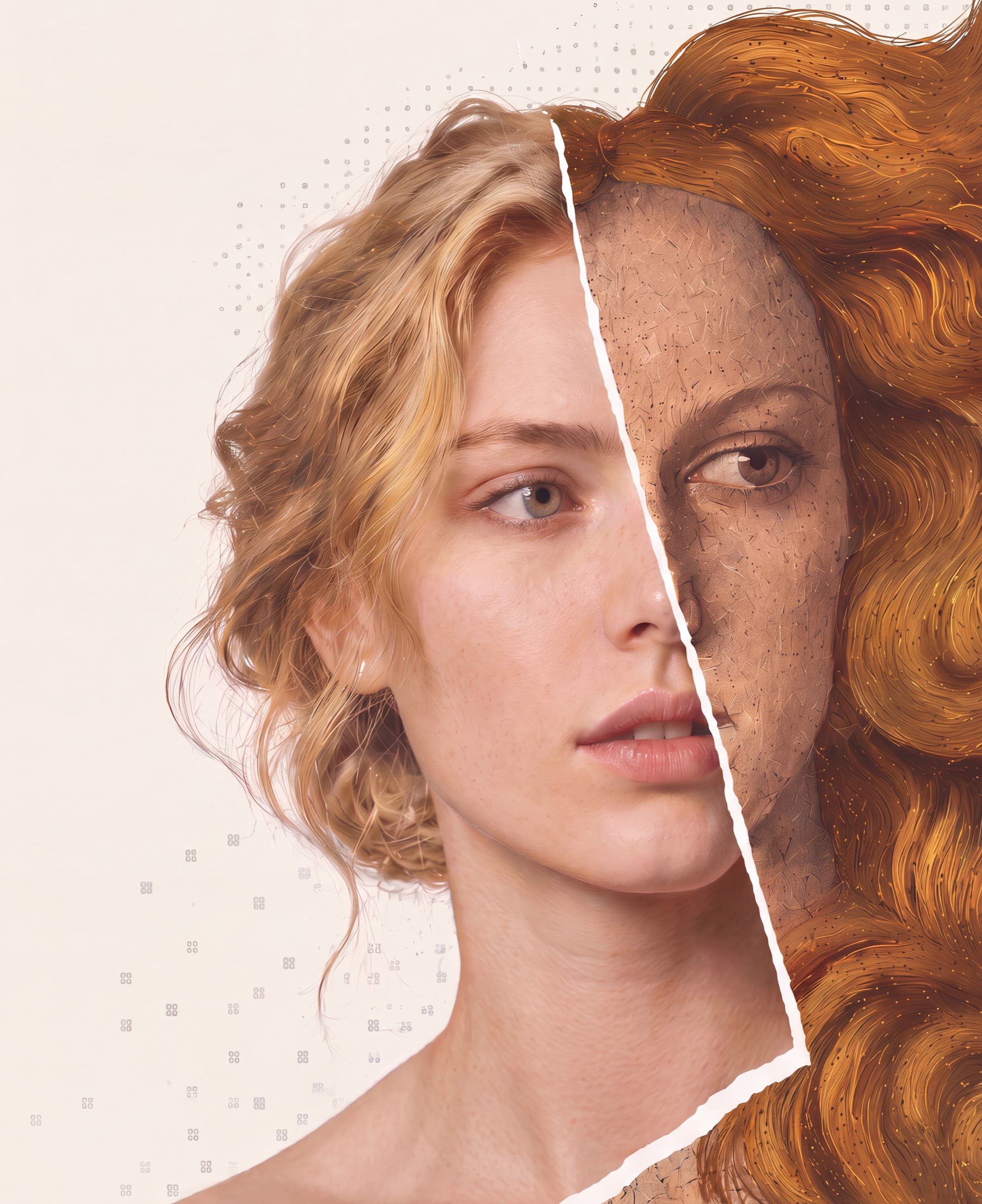 A contemporary model's face torn along a paper seam into Botticelli's Venus painting - the seam is the reveal.