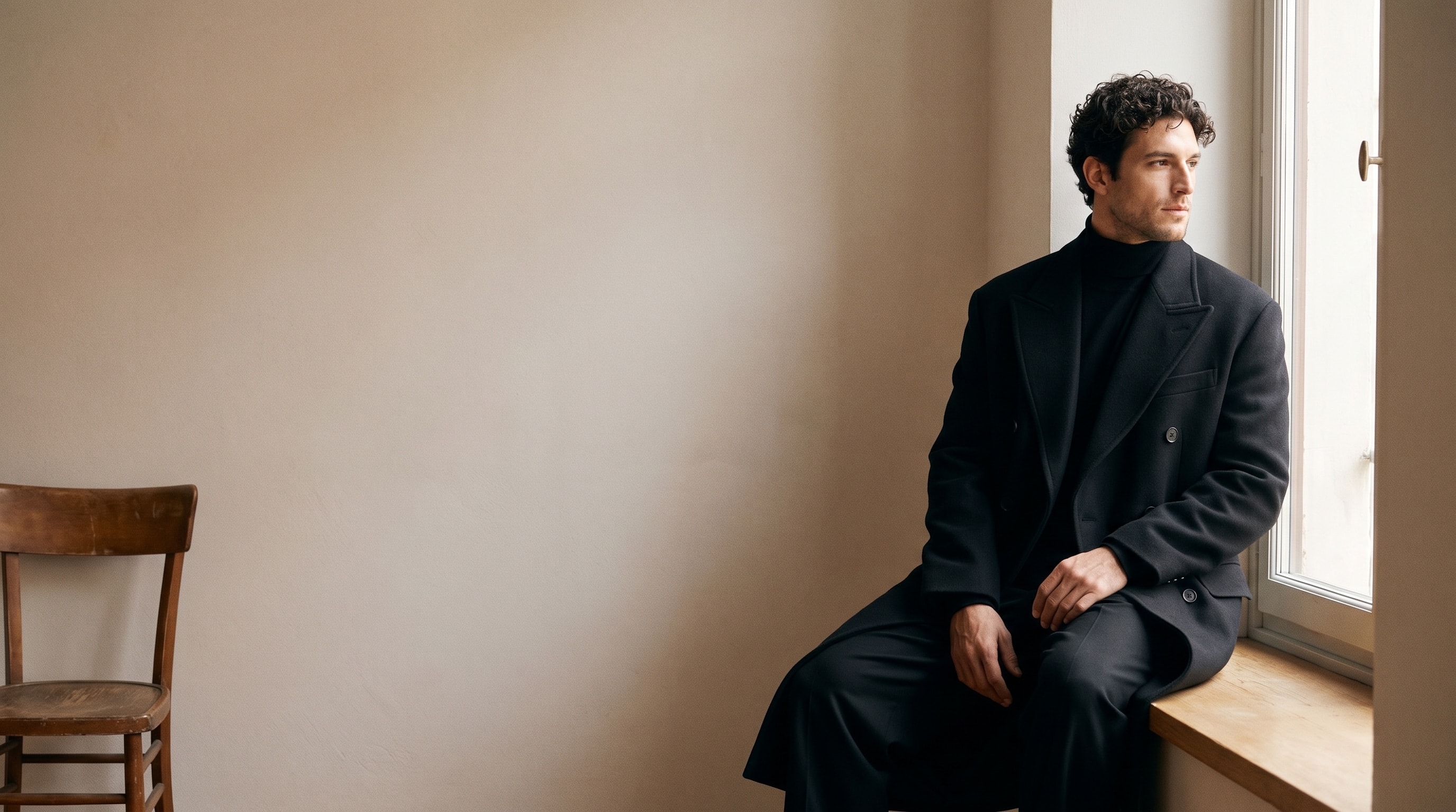 Kiğılı Signature — Deniz seated by a window, in a long dark coat
